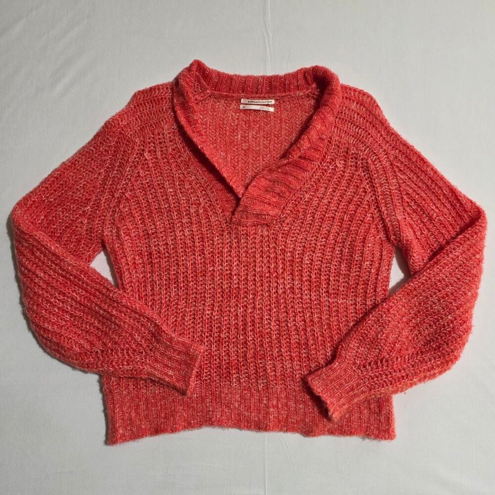 By Anthropologie Honore Ribbed Knit V-Neck Wool Blend Sweater Red Coral XS